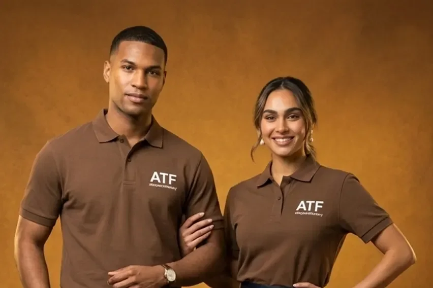 Two team members wearing matching brown custom polo shirts with an embroidered logo