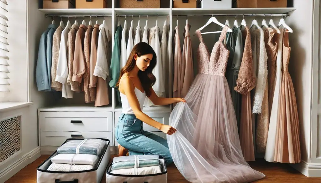 organizing her wardrobe