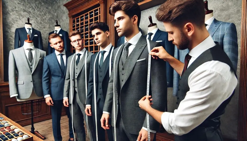 groomsmen waiting to take their body measurement taken
