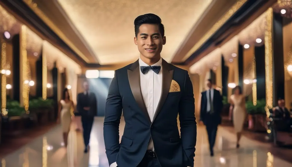 confident man walking into an upscale event