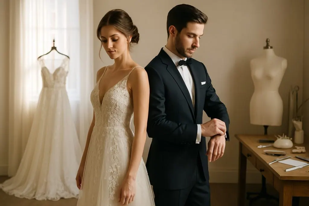 Ride and groom stand in a bridal studio