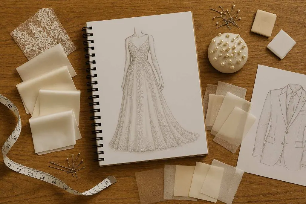 Tailor's sketchpad open to a custom wedding dress design