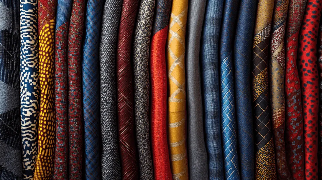 Suit fabric swatches showing different colours and patterns side by side