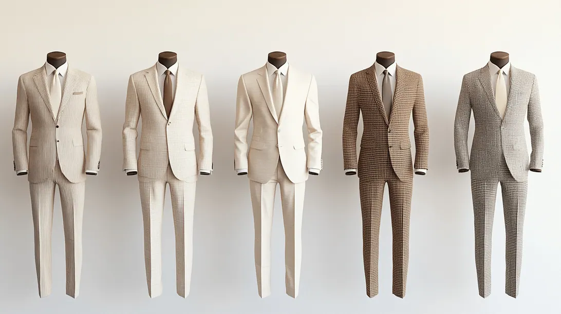 Suit fabric swatches showing different colours and patterns side by side