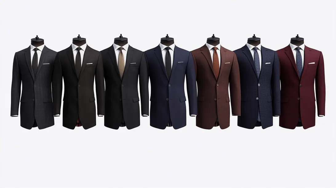 Suit fabric swatches showing different colours and patterns side by side