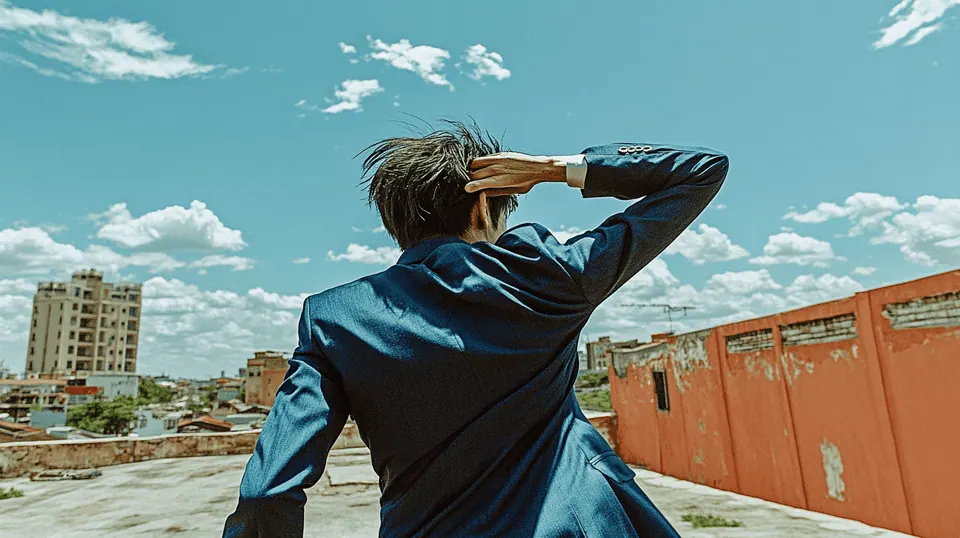 A man photographed from behind in a full suit, visibly overheating in humid weather
