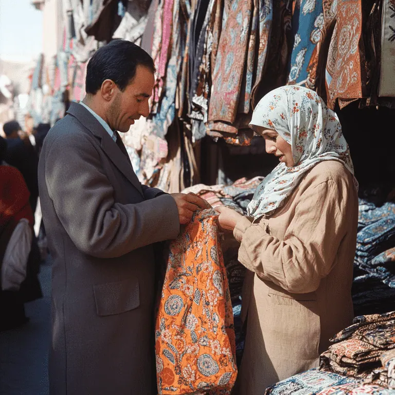 A couple buying an ornately patterned fabric from a market stall while travelling