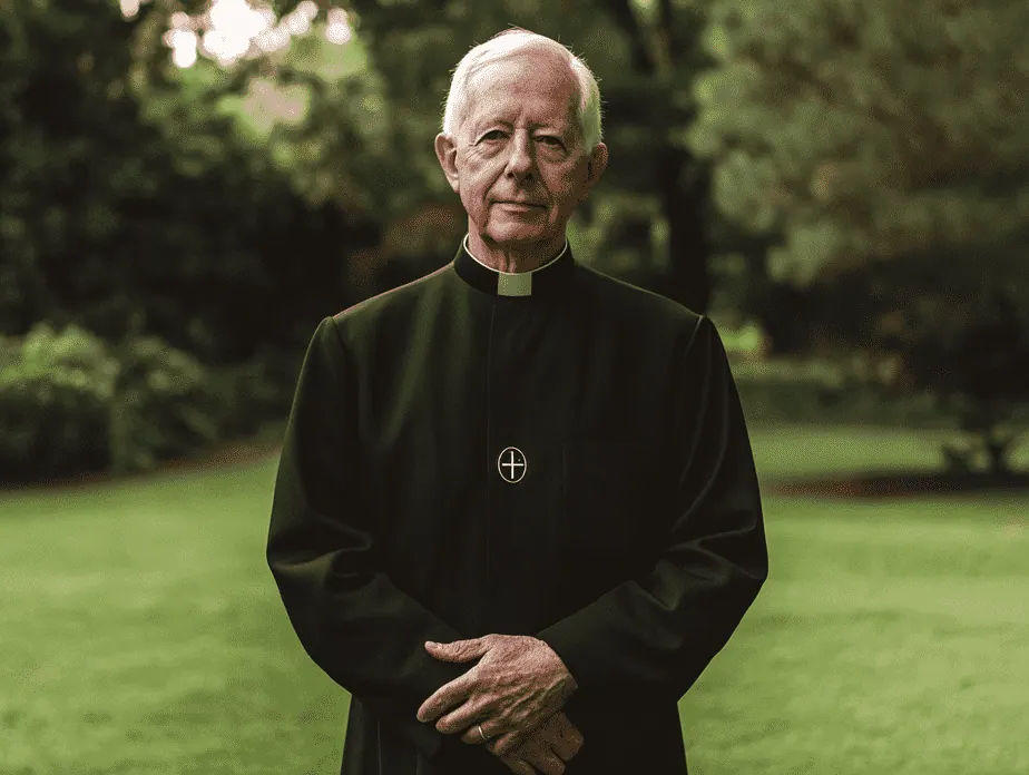 Pastor Murray wearing his custom-tailored cassock, cut with a softly structured shoulder line