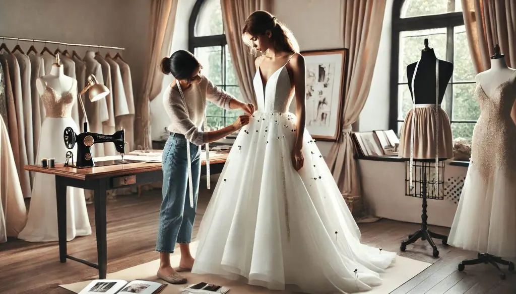 tailor doing final touches on a bride's embroidery
