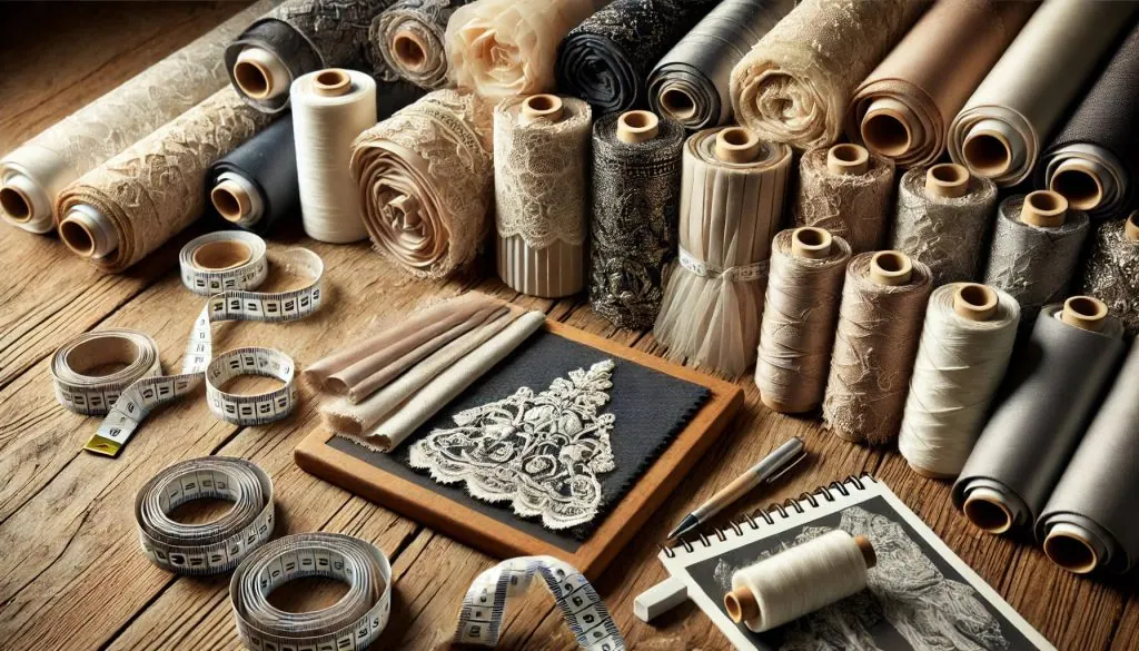 selection of fabric swatches and tailoring tools