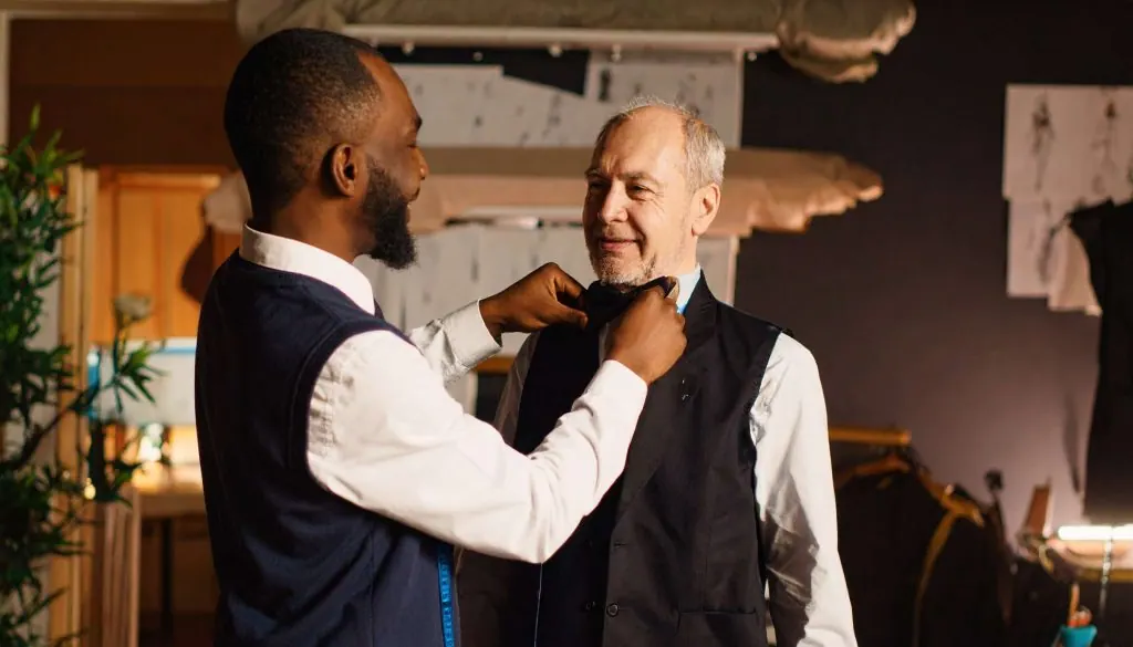 A client trying on a final suit laughing with the tailor
