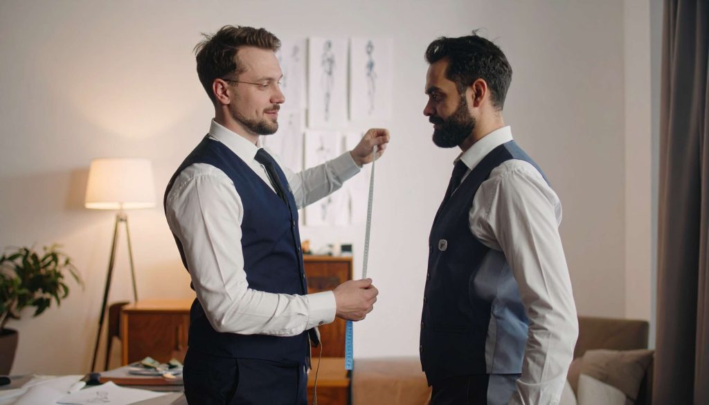 A tailor visiting a client’s office measuring him professionally