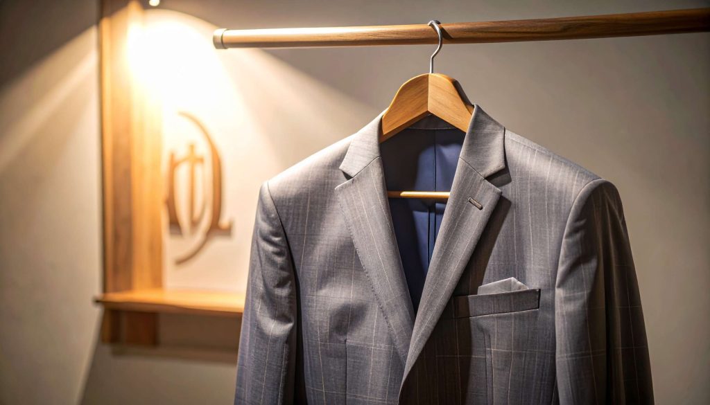 Elegant image of a custom suit hung on a branded wooden hanger