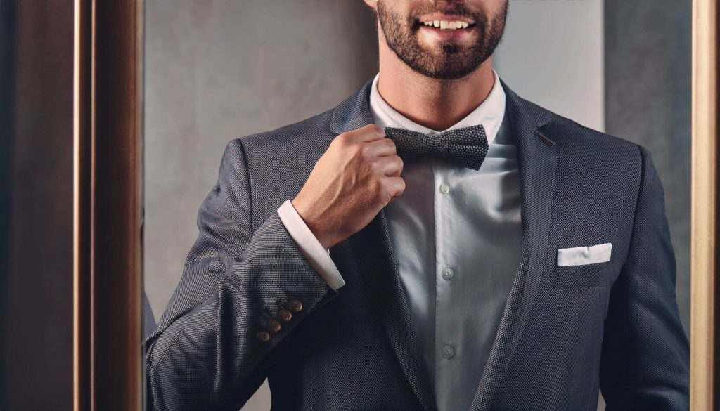 gentleman checking his suit in a mirror