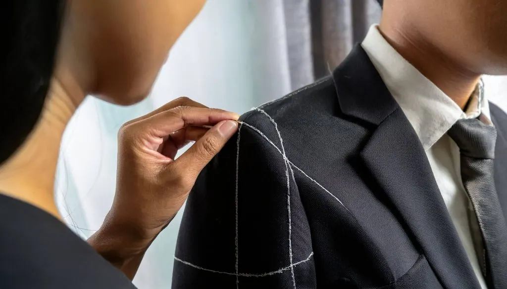 Tailor adjusting the shoulder seam of a suit jacket on a client