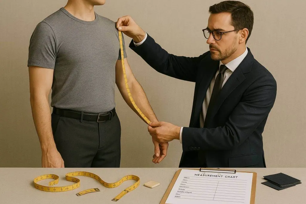 Tailor measuring a clients arm length