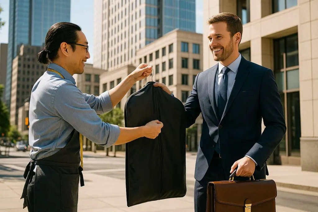 ATL Tailor delivering a garment bag to a client