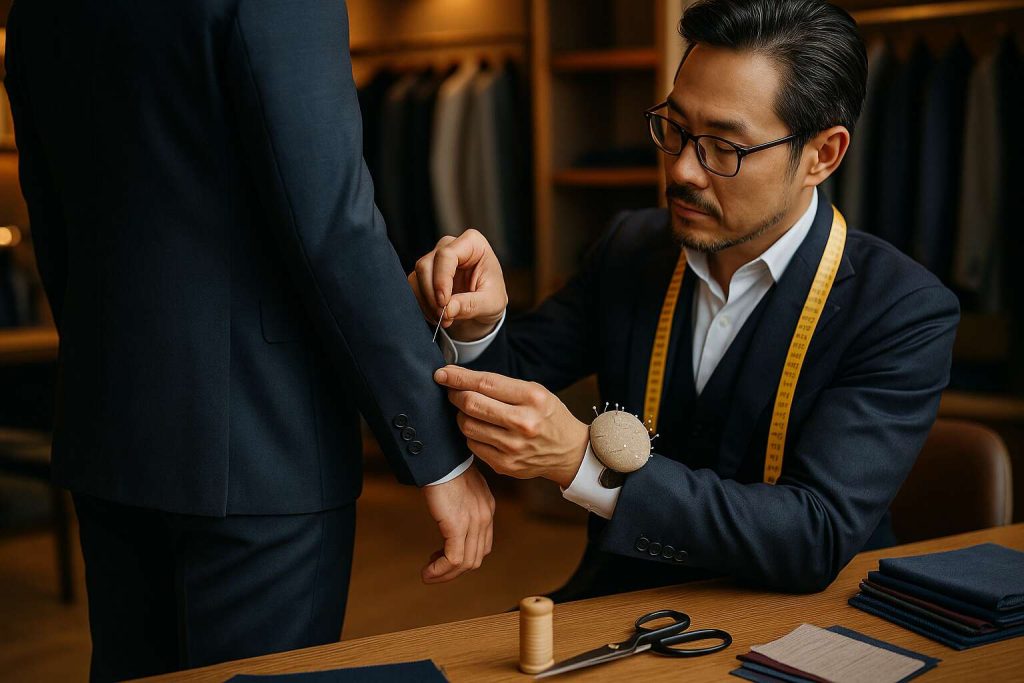 professional tailor pinning the sleeve of a client’s jacket