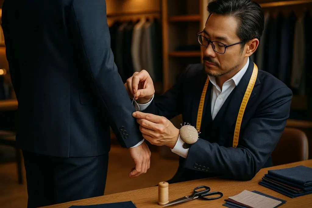 professional tailor pinning the sleeve of a client’s jacket