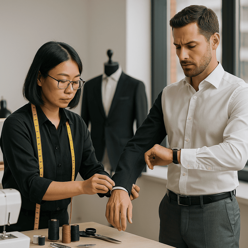 tailor pinning the sleeve of a navy suit jacket
