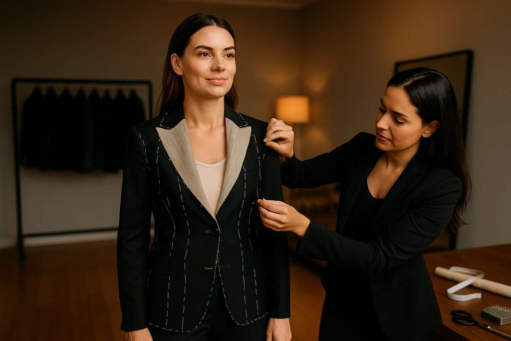 tailor professionally measuring a woman’s arm