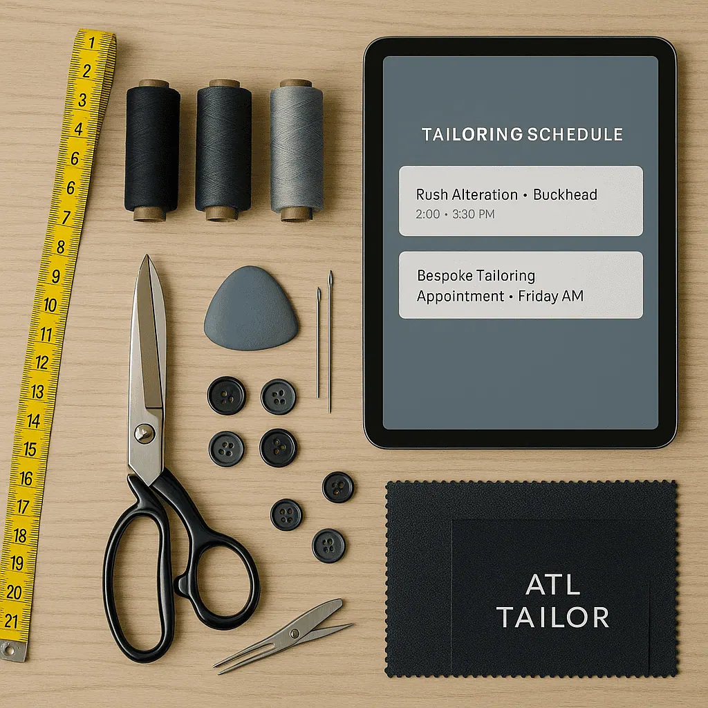tailoring tools on a clean wooden table