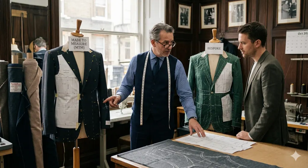 A tailor comparing a made-to-measure jacket and a bespoke jacket on two mannequins while talking with a client